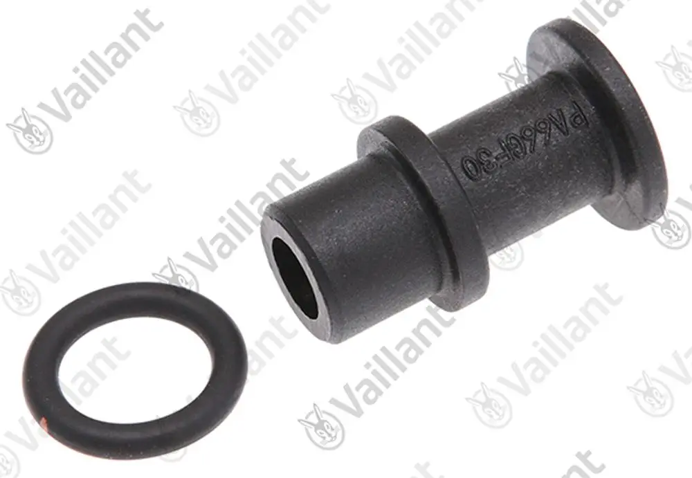 Vaillant Stopfen aus schwarzem Kunststoff mit einem O-Ring, geeignet für verschiedene Heizkesselmodelle. Der Stopfen hat eine zylindrische Form und eine Flanschbasis.